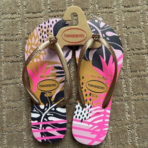 Havaianas Flip Flop Womens 6 Bronze Pink Tropical Palm Beach Travel Vacation NEW